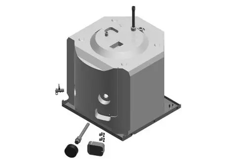 Bosch-Behälter mit mehreren Anschlussmöglichkeiten, flacher Oberseite und rechteckiger Grundform. Enthält verschiedene Elemente zur Montage und Verbindung.